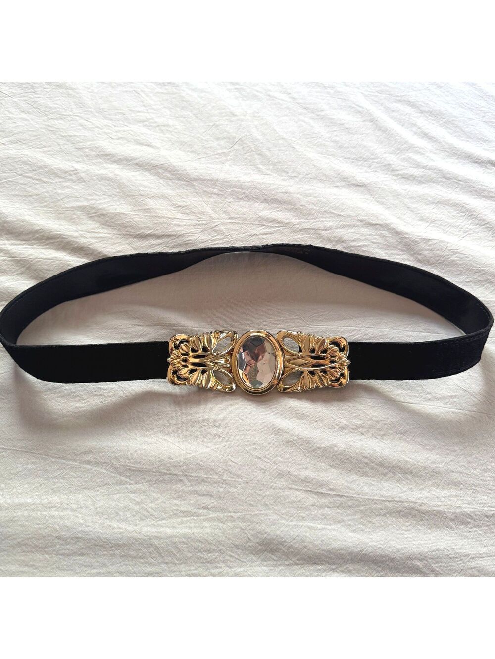 Vintage Black Suede Belt Gold Filigree Butterfly Crystal Buckle Maximalist Boho